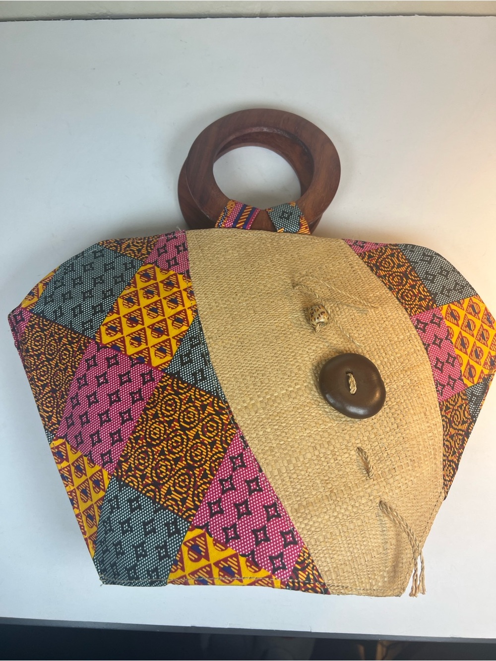 Multicolor Patchwork Straw Tote with Wooden Handles